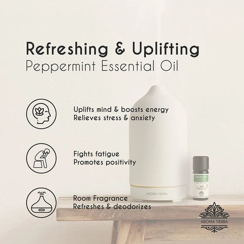 Aroma Tierra Organic Peppermint Essential Oil 10ml - 100% Pure, Undiluted, Natural