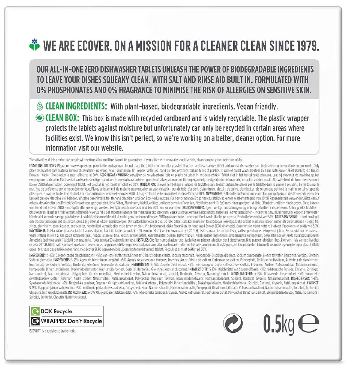 Ecover Zero All In One Dishwasher Tablets 25 Pieces 500 g (Residue Free Finish, Plant Based, Fragrance Free)