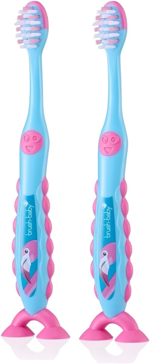 Brush-Baby FlossBrush Kids Toothbrush 3–6 Years | DeepClean Bristles | Easy-Grip Handle & Suction Feet | Flamingo Design