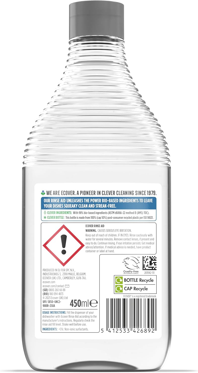 Ecover Dishwasher Rinse Aid, Sparkling Dishes and Quick Drying Action, For The Ultimate Clean - 450ml