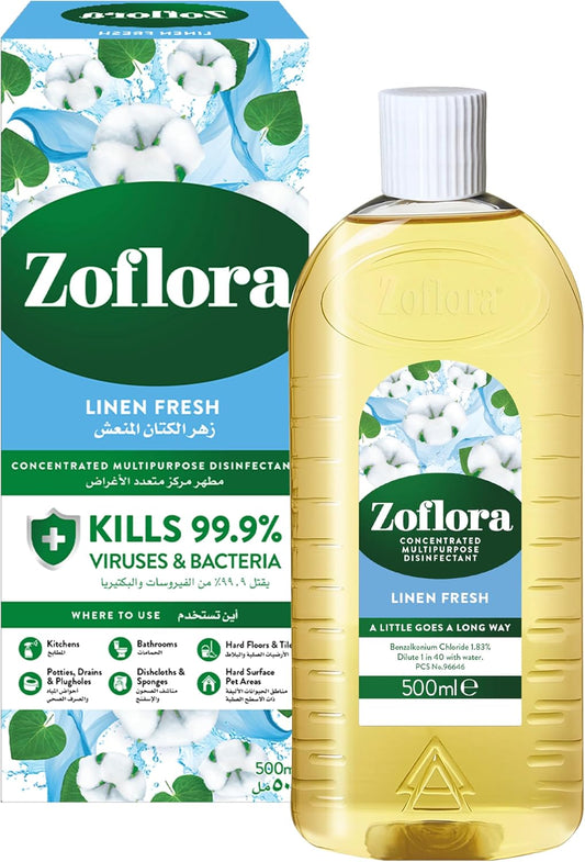 Zoflora Linen Fresh Concentrated Multipurpose Disinfectant 500ml | Kills 99.9% of Bacteria & Viruses | Makes 20 Litres | Eliminates Odours