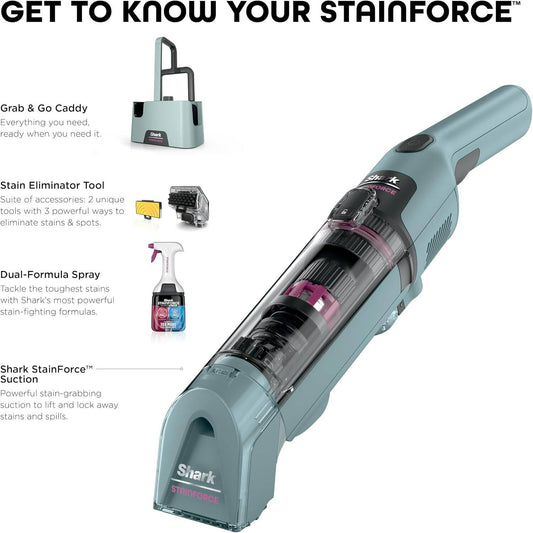 Shark StainForce Cordless Stain, Odor & Urine Remover, Portable Handheld Carpet & Upholstery Cleaner with 2 Tools, Powerful Suction, Dual-Action OXY Formula & Caddy, Sage Green | HX101