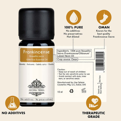 Aroma Tierra  Frankincense Essential Oil Sacred (Boswellia sacra) 10ml — 100% Pure