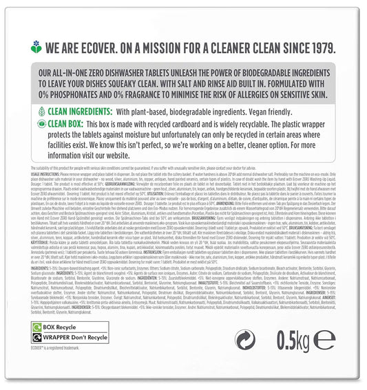 Ecover Zero All In One Dishwasher Tablets 25 Pieces 500 g (Residue Free Finish, Plant Based, Fragrance Free)