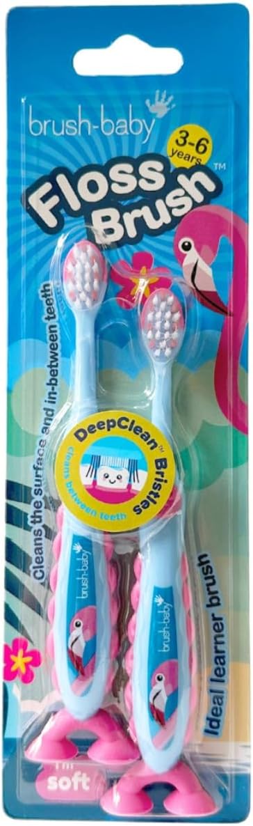Brush-Baby FlossBrush Kids Toothbrush 3–6 Years | DeepClean Bristles | Easy-Grip Handle & Suction Feet | Flamingo Design