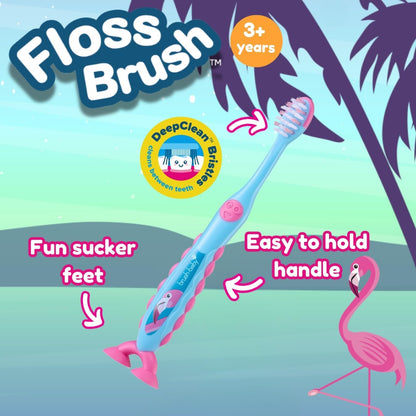 Brush-Baby FlossBrush Kids Toothbrush 3–6 Years | DeepClean Bristles | Easy-Grip Handle & Suction Feet | Flamingo Design
