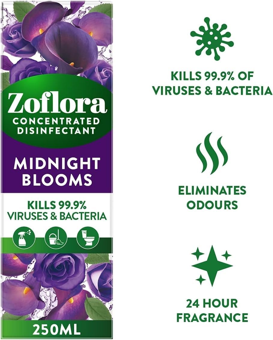 Zoflora Midnight Blooms Concentrated Multipurpose Disinfectant 250ml | Kills 99.9% of Bacteria & Viruses | Makes 10 Litres | 24-Hour Fragrance