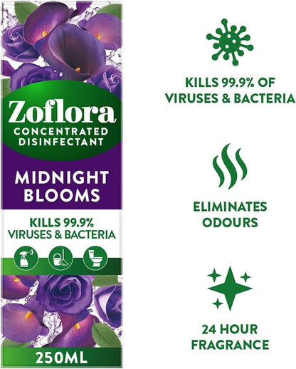 Zoflora Midnight Blooms Concentrated Multipurpose Disinfectant 250ml | Kills 99.9% of Bacteria & Viruses | Makes 10 Litres | 24-Hour Fragrance