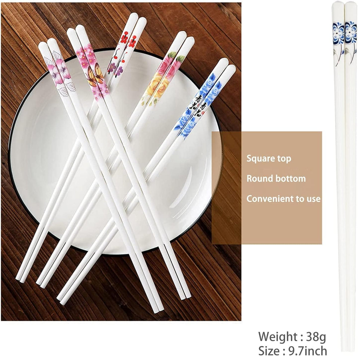 ELECDON Ceramic Chopsticks Set of 5, Porcelain Chinese Chopsticks, Cute Easy to Clean, Great Replacement for Plastic/Wooden, Reusable Dishwasher Safe, 9.7 Inch