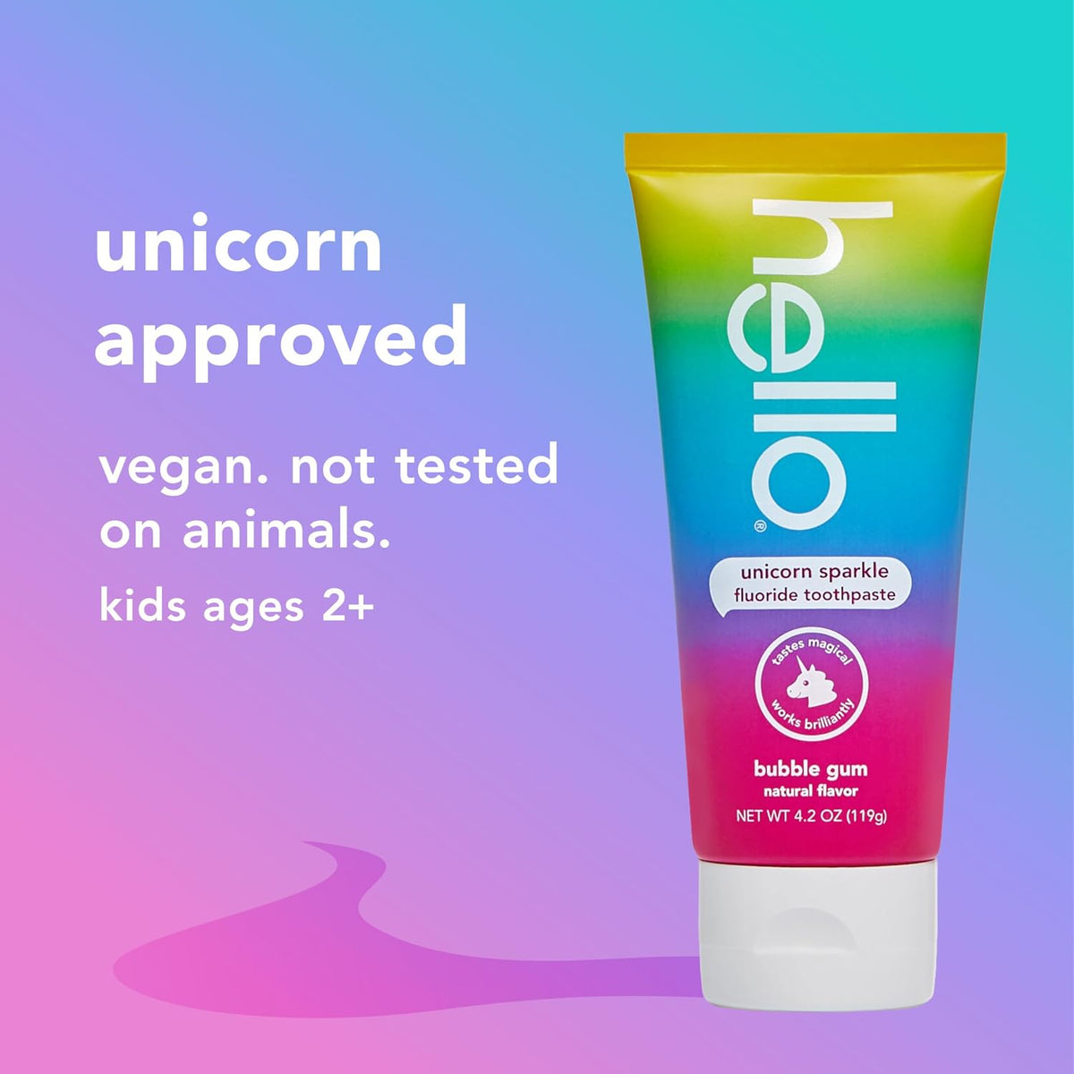 hello Unicorn Sparkle Kids Fluoride Toothpaste – Natural Bubble Gum Flavor, Ages 2+, ADA Accepted, Vegan, SLS & Gluten Free – 4.2 oz (119 g)