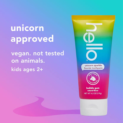hello Unicorn Sparkle Kids Fluoride Toothpaste – Natural Bubble Gum Flavor, Ages 2+, ADA Accepted, Vegan, SLS & Gluten Free – 4.2 oz (119 g)