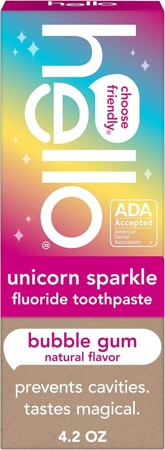 hello Unicorn Sparkle Kids Fluoride Toothpaste – Natural Bubble Gum Flavor, Ages 2+, ADA Accepted, Vegan, SLS & Gluten Free – 4.2 oz (119 g)