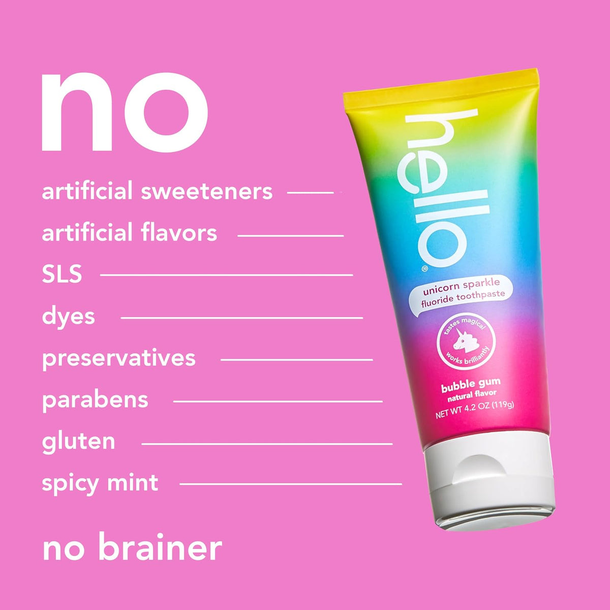 hello Unicorn Sparkle Kids Fluoride Toothpaste – Natural Bubble Gum Flavor, Ages 2+, ADA Accepted, Vegan, SLS & Gluten Free – 4.2 oz (119 g)