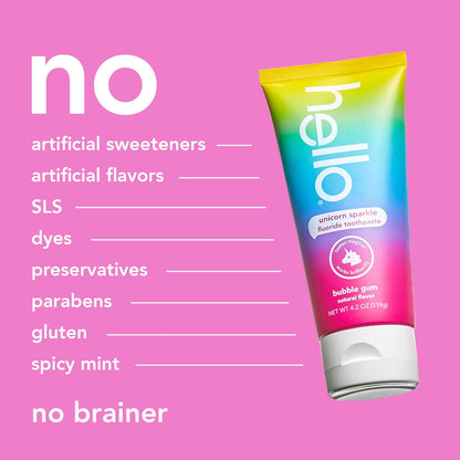 hello Unicorn Sparkle Kids Fluoride Toothpaste – Natural Bubble Gum Flavor, Ages 2+, ADA Accepted, Vegan, SLS & Gluten Free – 4.2 oz (119 g)