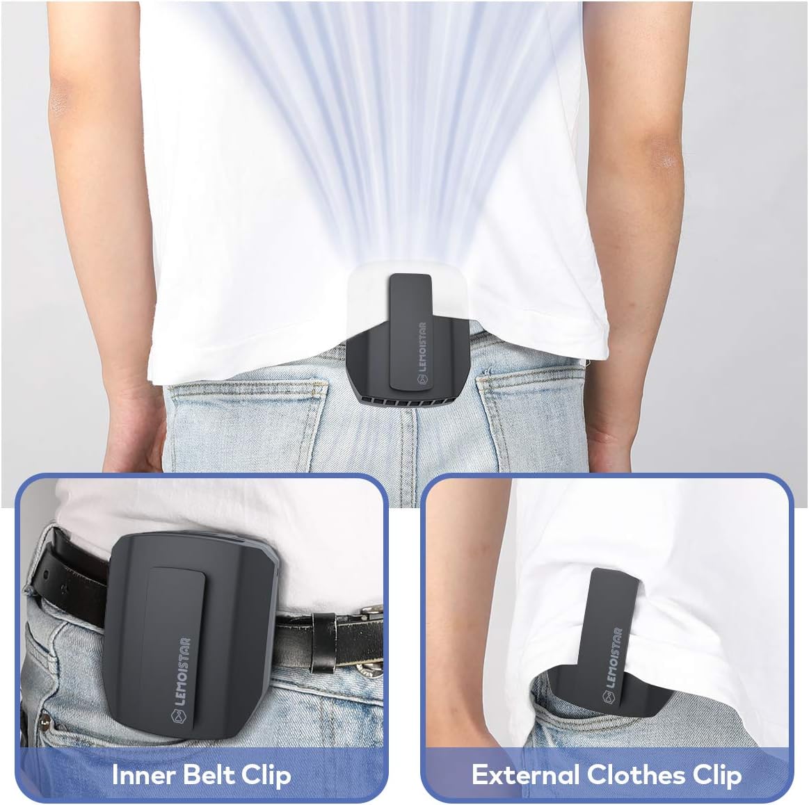 LEMOISTAR Portable Mini Waist Clip Fan, 5000mAh Battery Operated Hand-free Wearable Necklace Fan