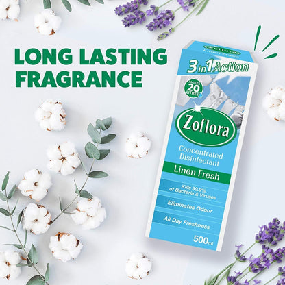 Zoflora Linen Fresh Concentrated Multipurpose Disinfectant 500ml | Kills 99.9% of Bacteria & Viruses | Makes 20 Litres | Eliminates Odours