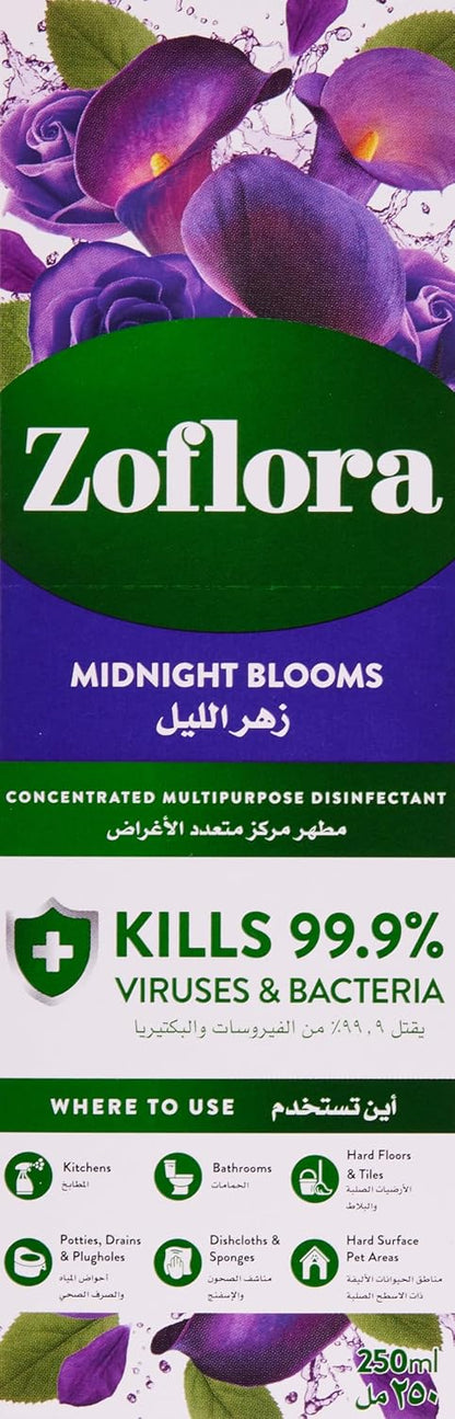 Zoflora Midnight Blooms Concentrated Multipurpose Disinfectant 250ml | Kills 99.9% of Bacteria & Viruses | Makes 10 Litres | 24-Hour Fragrance