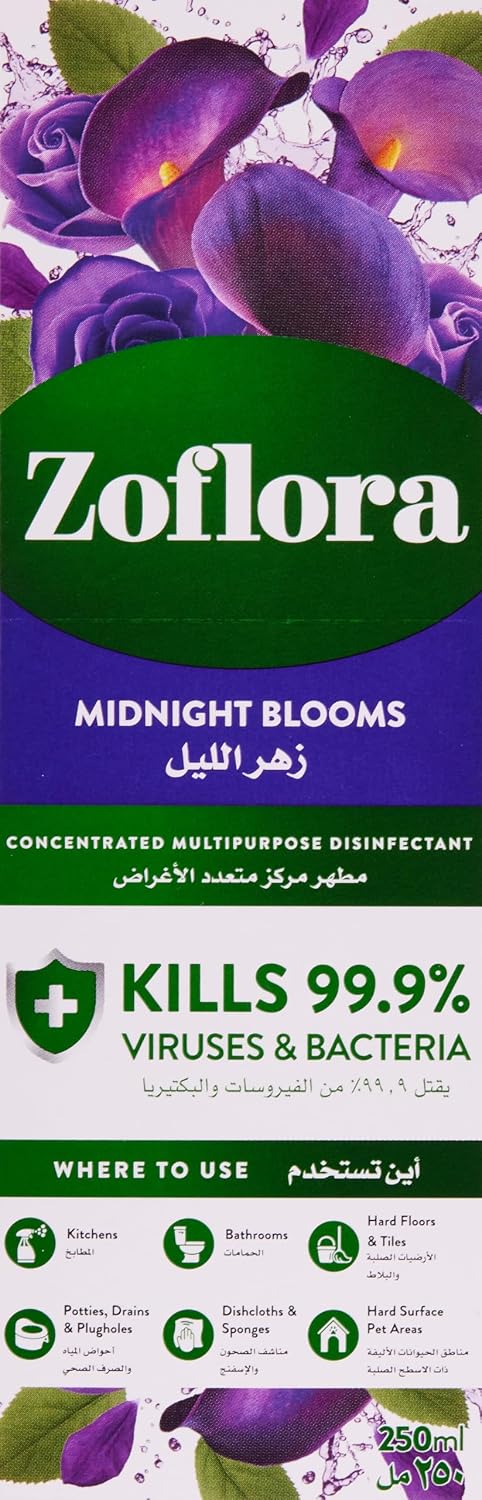 Zoflora Midnight Blooms Concentrated Multipurpose Disinfectant 250ml | Kills 99.9% of Bacteria & Viruses | Makes 10 Litres | 24-Hour Fragrance