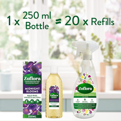 Zoflora Midnight Blooms Concentrated Multipurpose Disinfectant 250ml | Kills 99.9% of Bacteria & Viruses | Makes 10 Litres | 24-Hour Fragrance