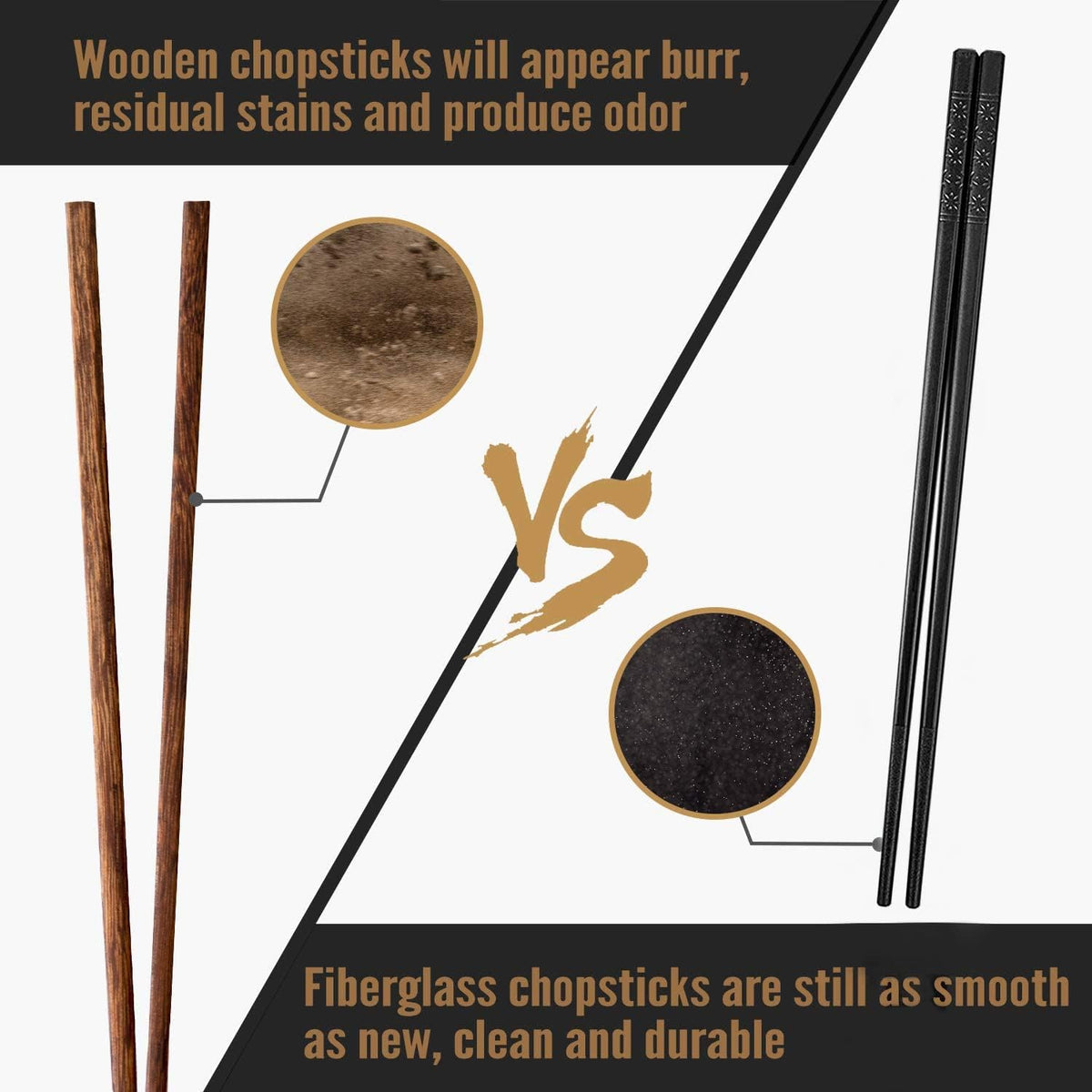 Funito 10 Pairs Fiberglass Chopsticks - Reusable Chopsticks Dishwasher Safe, 24cm