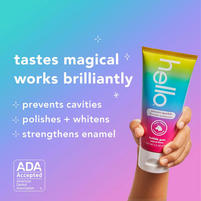 hello Unicorn Sparkle Kids Fluoride Toothpaste – Natural Bubble Gum Flavor, Ages 2+, ADA Accepted, Vegan, SLS & Gluten Free – 4.2 oz (119 g)