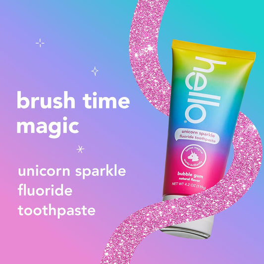 hello Unicorn Sparkle Kids Fluoride Toothpaste – Natural Bubble Gum Flavor, Ages 2+, ADA Accepted, Vegan, SLS & Gluten Free – 4.2 oz (119 g)