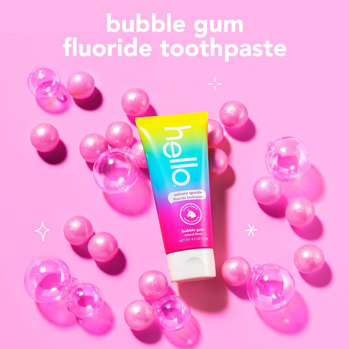 hello Unicorn Sparkle Kids Fluoride Toothpaste – Natural Bubble Gum Flavor, Ages 2+, ADA Accepted, Vegan, SLS & Gluten Free – 4.2 oz (119 g)
