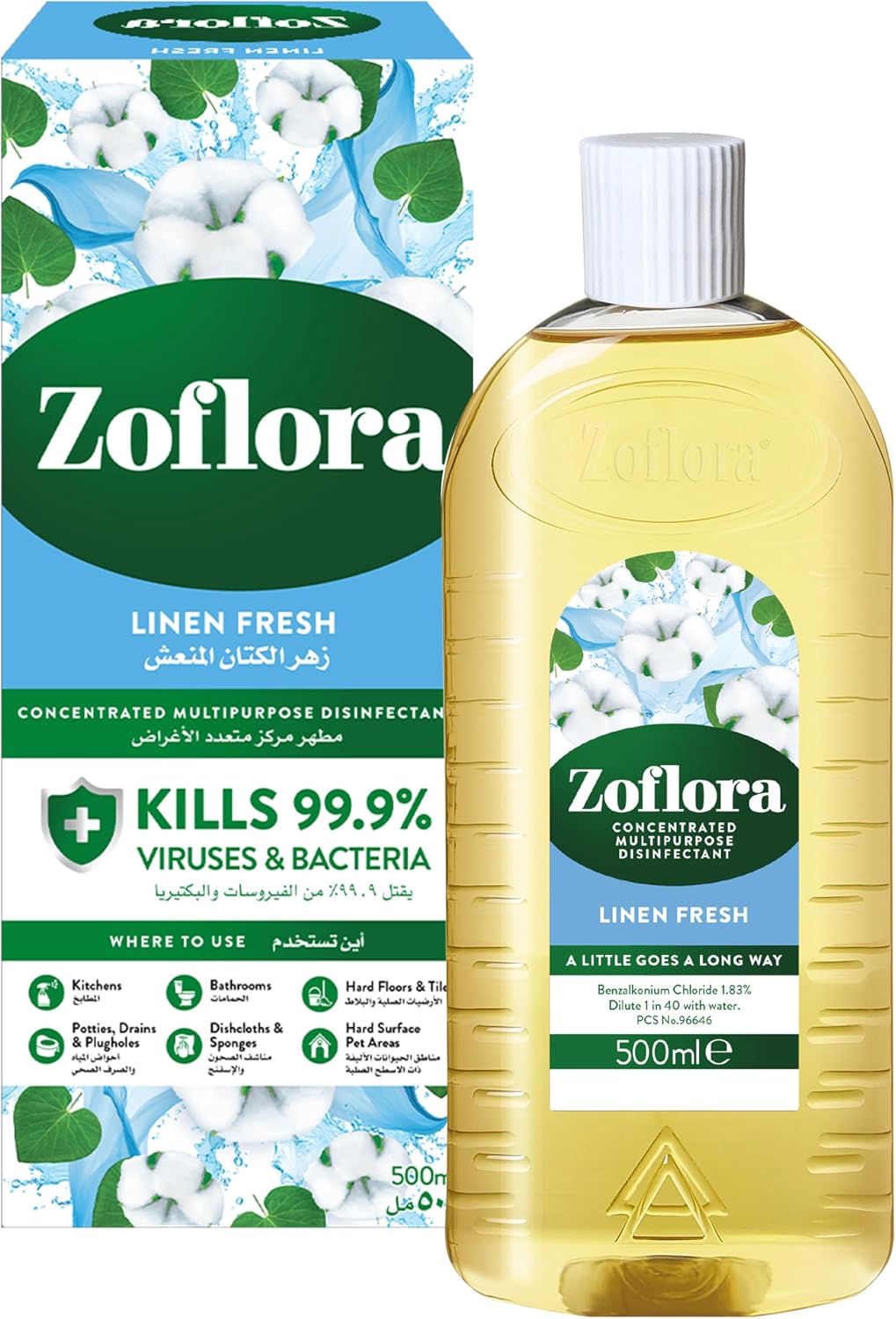 Zoflora Linen Fresh Concentrated Multipurpose Disinfectant 500ml | Kills 99.9% of Bacteria & Viruses | Makes 20 Litres | Eliminates Odours