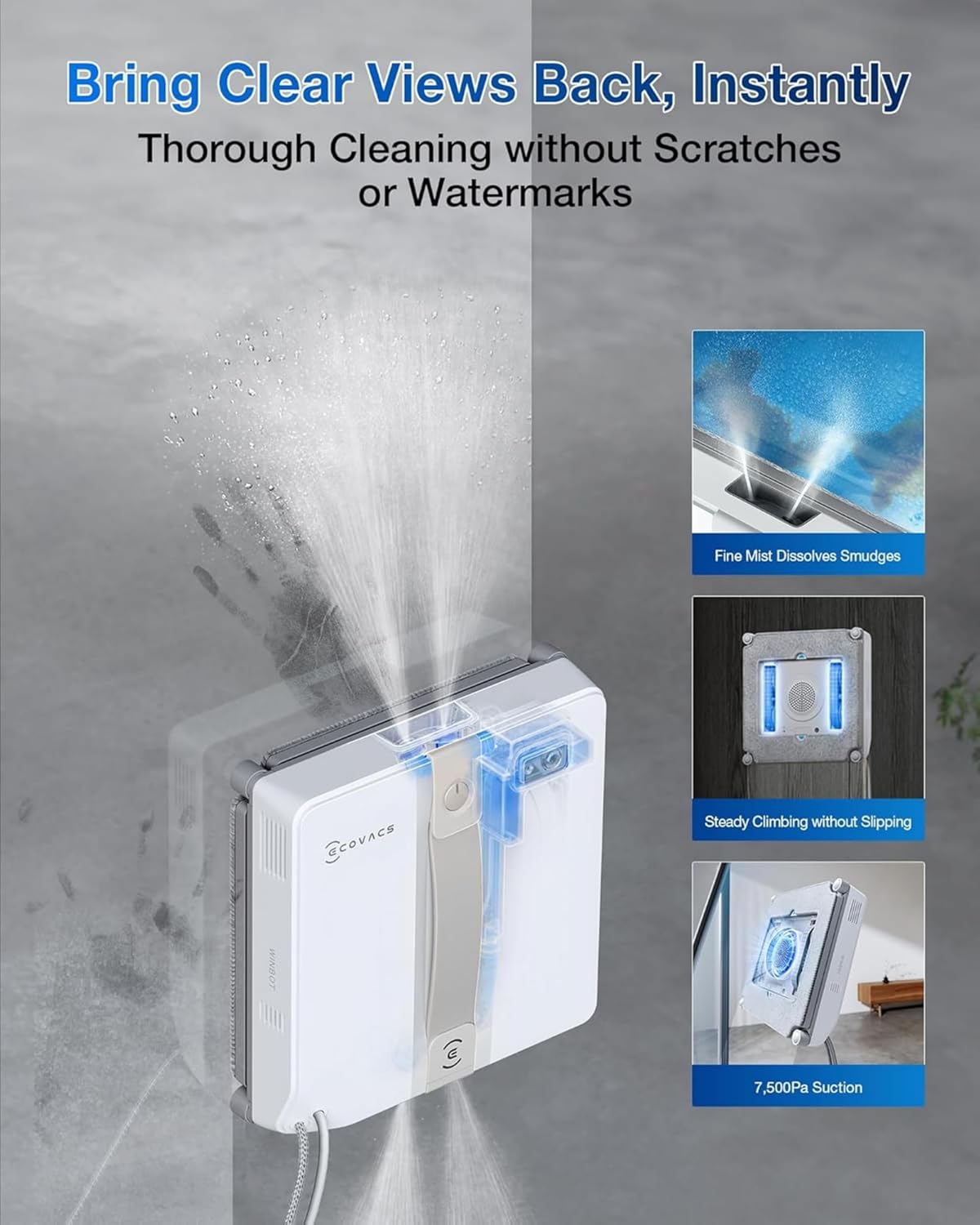ECOVACS WINBOT MINI Robotic Window Cleaner | 7,500Pa Suction | Ultrasonic Double-Nozzle Spray | WIN-SLAM 3.0 | 3 Cleaning Modes | App Control