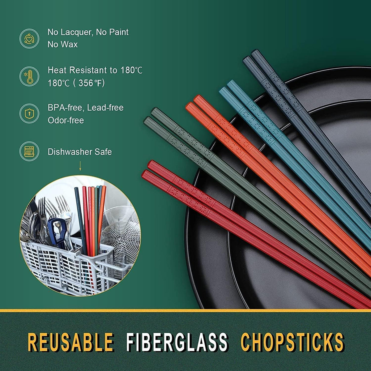 MMMA 10 Pairs Chopsticks Reusable - 9.5 Inch Fiberglass Chopsticks Dishwasher Safe, Japanese Style Non-Slip Chop Sticks Pack, Multicolor