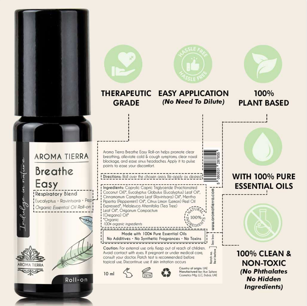 AROMA TIERRA Breathe Easy - Essential Oil Roll-on Organic