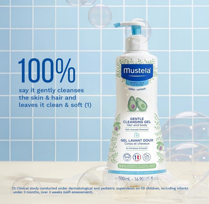 Mustela Baby Gentle Cleansing Gel - Baby Hair & Body Wash - with Natural Avocado fortified with Vitamin B5 - Biodegradable Formula & Tear-Free -500ml