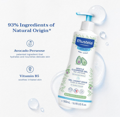 Mustela Baby Gentle Cleansing Gel - Baby Hair & Body Wash - with Natural Avocado fortified with Vitamin B5 - Biodegradable Formula & Tear-Free -500ml