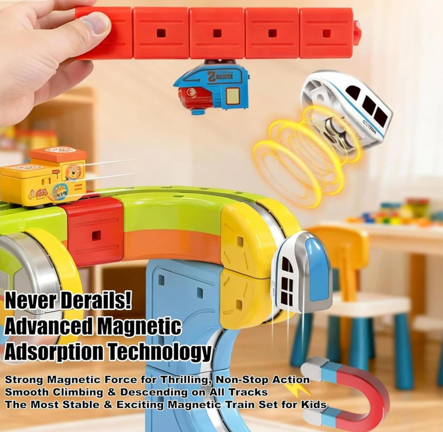 Magnetic Train Set for Kids – 26 Pcs DIY Magnetic Track Railway with 1 Train Car, 24 Rebuild Tracks & USB Charging Cable | STEM Toy | Creative Gift for Boys & Girls 3-13 Years