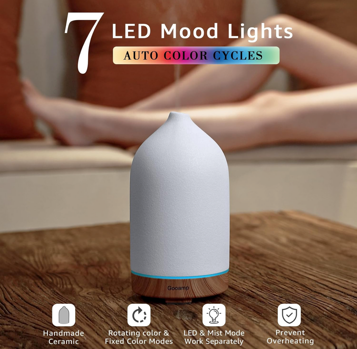 Gooamp 200ML Ceramic Essential Oil Diffuser for Home Humidifier, Wood & White Ceramic