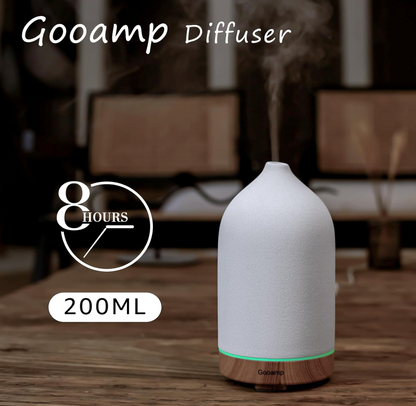 Gooamp 200ML Ceramic Essential Oil Diffuser for Home Humidifier, Wood & White Ceramic