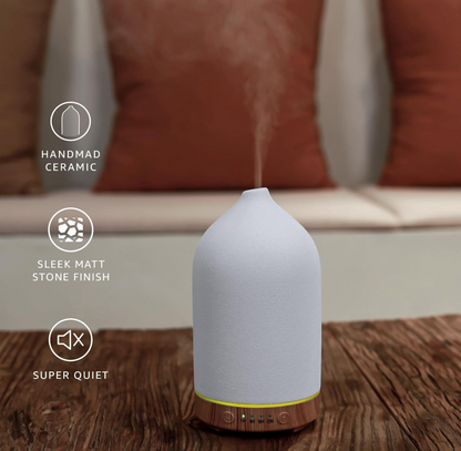 Gooamp 200ML Ceramic Essential Oil Diffuser for Home Humidifier, Wood & White Ceramic