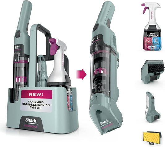 Shark StainForce Cordless Stain, Odor & Urine Remover, Portable Handheld Carpet & Upholstery Cleaner with 2 Tools, Powerful Suction, Dual-Action OXY Formula & Caddy, Sage Green | HX101