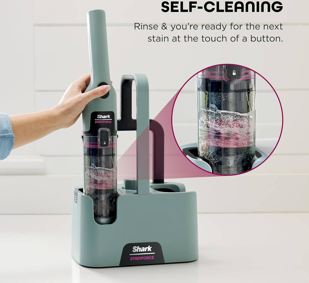 Shark StainForce Cordless Stain, Odor & Urine Remover, Portable Handheld Carpet & Upholstery Cleaner with 2 Tools, Powerful Suction, Dual-Action OXY Formula & Caddy, Sage Green | HX101
