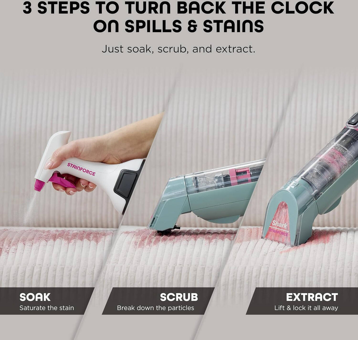 Shark StainForce Cordless Stain, Odor & Urine Remover, Portable Handheld Carpet & Upholstery Cleaner with 2 Tools, Powerful Suction, Dual-Action OXY Formula & Caddy, Sage Green | HX101