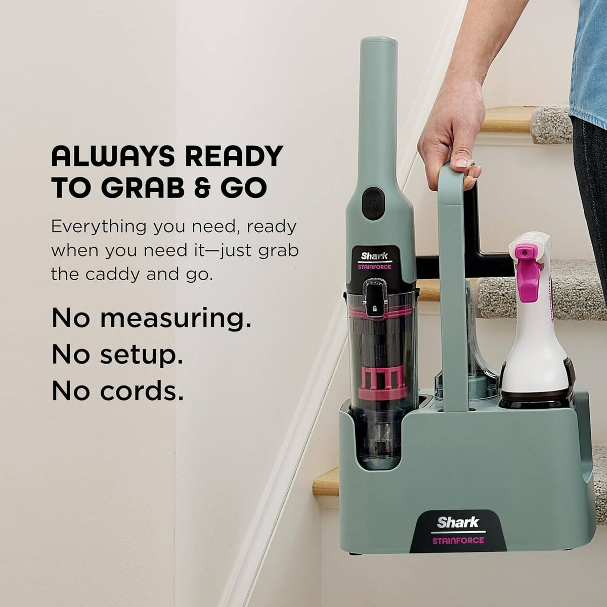 Shark StainForce Cordless Stain, Odor & Urine Remover, Portable Handheld Carpet & Upholstery Cleaner with 2 Tools, Powerful Suction, Dual-Action OXY Formula & Caddy, Sage Green | HX101