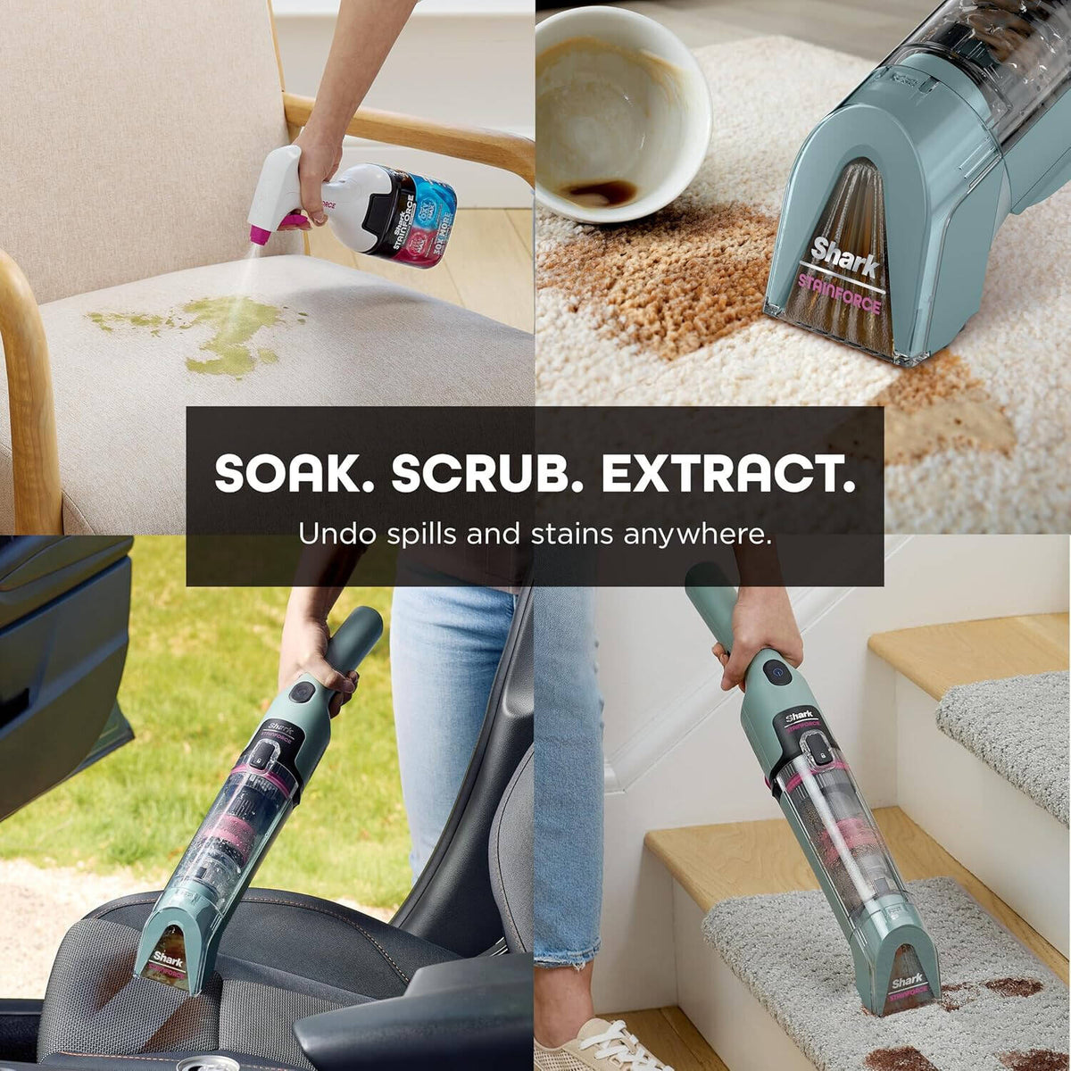 Shark StainForce Cordless Stain, Odor & Urine Remover, Portable Handheld Carpet & Upholstery Cleaner with 2 Tools, Powerful Suction, Dual-Action OXY Formula & Caddy, Sage Green | HX101